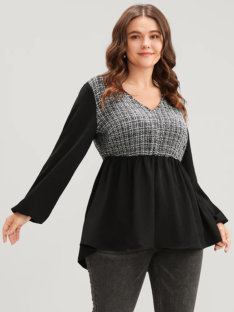Gingham Tweed Lantern Sleeve Asymmetrical Hem Blouse - Image 2