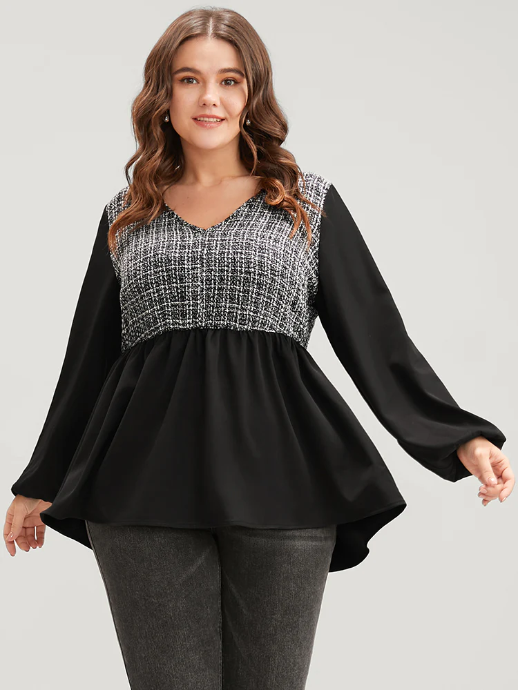 Gingham Tweed Lantern Sleeve Asymmetrical Hem Blouse - Image 3