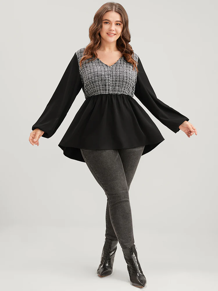 Gingham Tweed Lantern Sleeve Asymmetrical Hem Blouse - Image 4