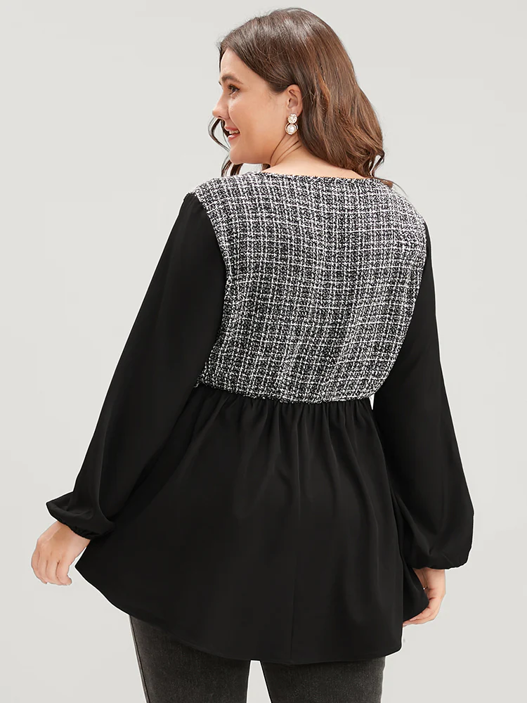 Gingham Tweed Lantern Sleeve Asymmetrical Hem Blouse - Image 5