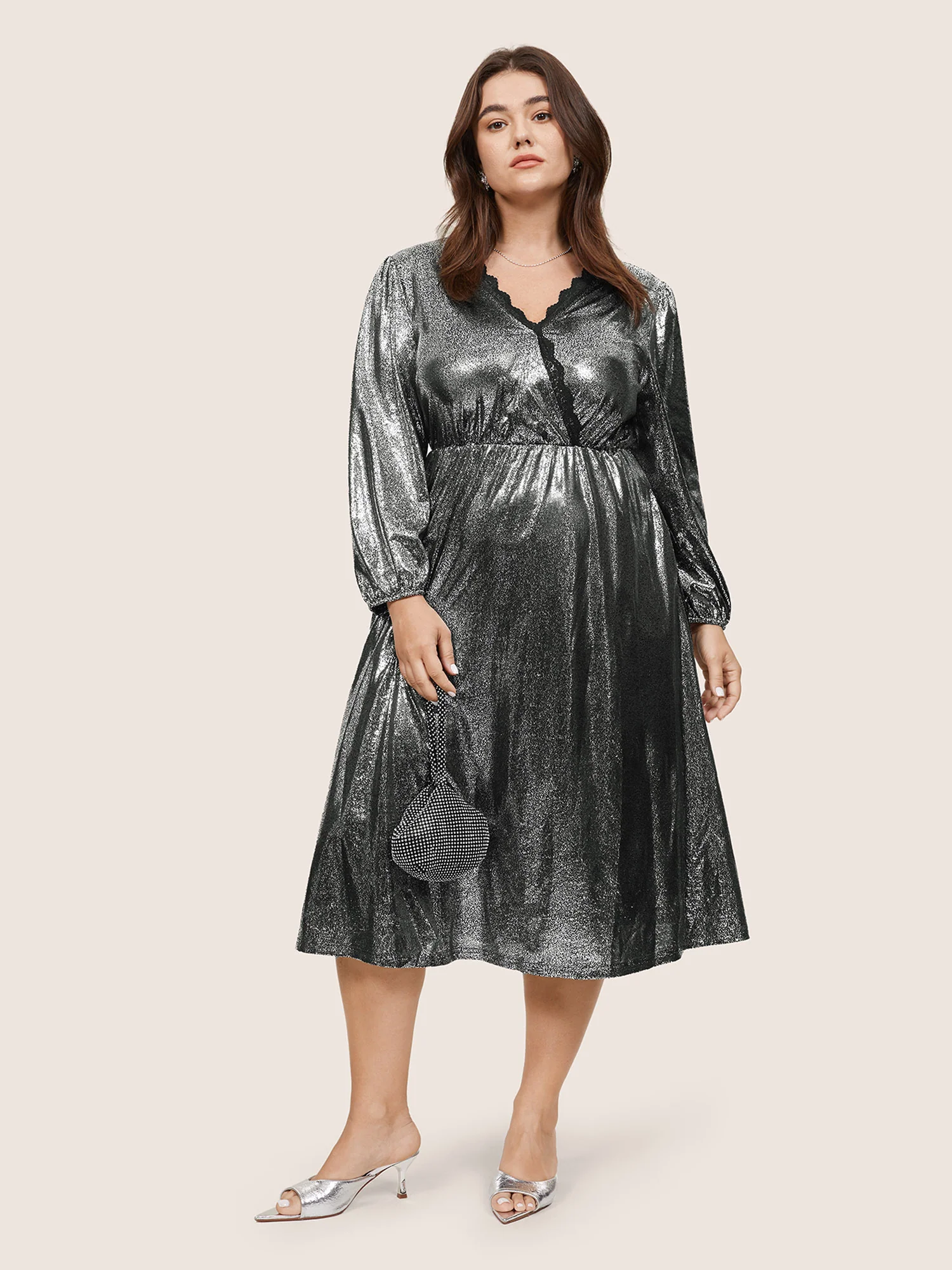 Glitter Contrast Lace Wrap Elastic Waist Dress - Image 3