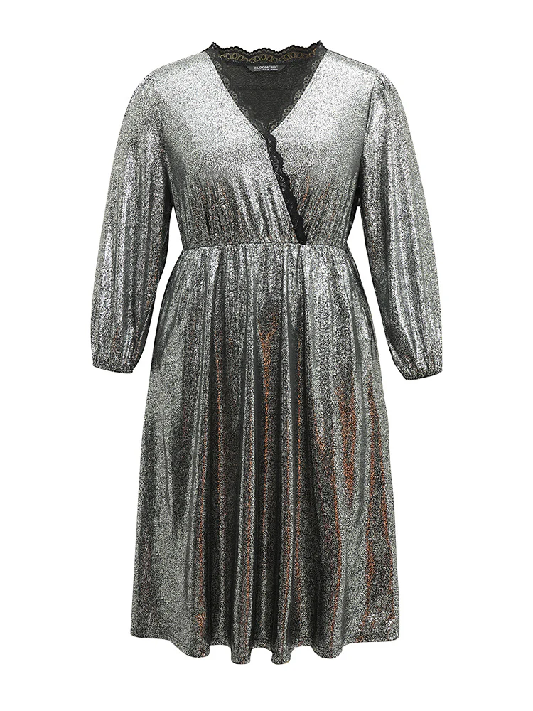 Glitter Contrast Lace Wrap Elastic Waist Dress - Image 5