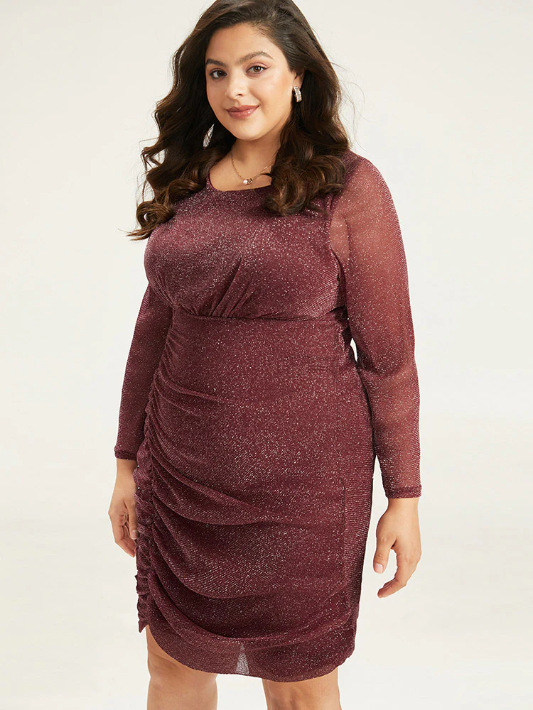 Lurex Glitter Crew Neck Mesh Patchwork Gathered Dress - Image 3