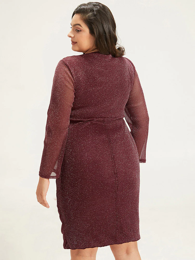 Lurex Glitter Crew Neck Mesh Patchwork Gathered Dress - Image 5