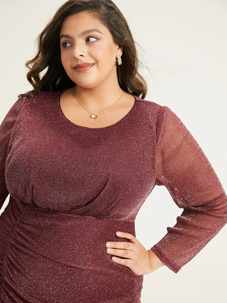 Lurex Glitter Crew Neck Mesh Patchwork Gathered Dress - Image 7
