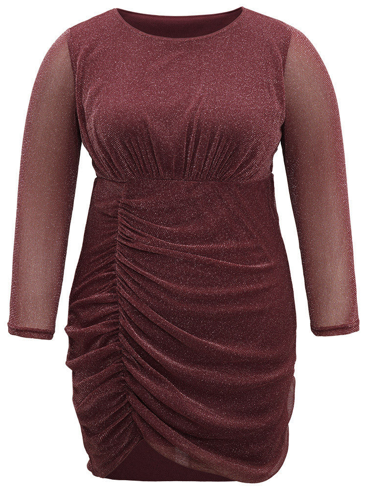 Lurex Glitter Crew Neck Mesh Patchwork Gathered Dress - Image 9