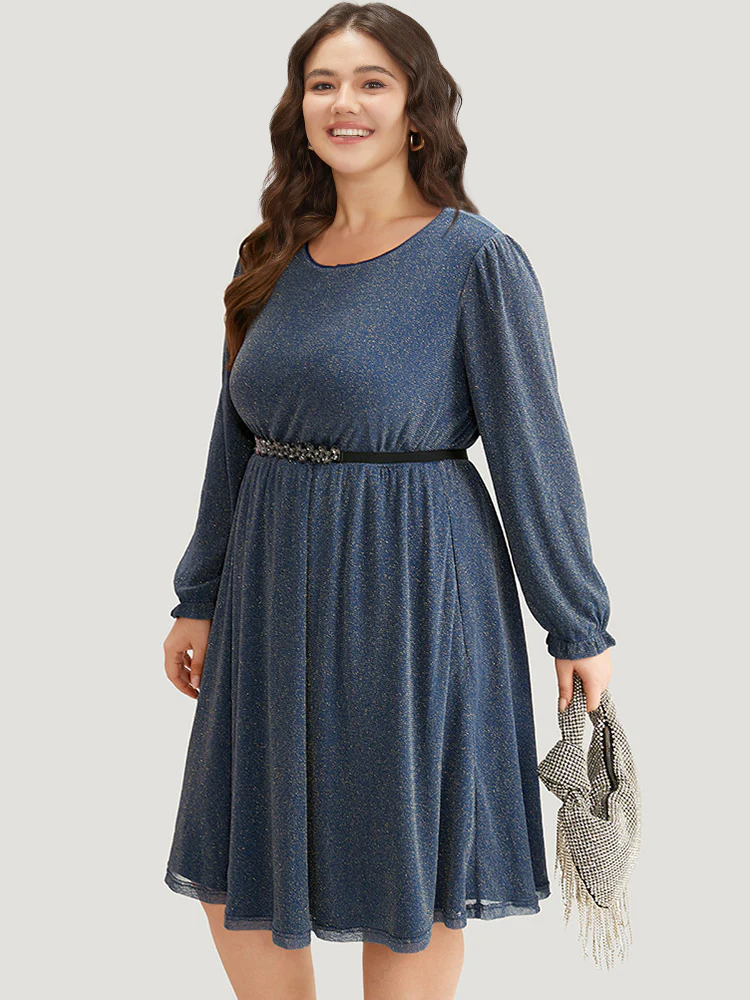 Glitter Crew Neck Pocket Pleated Dress - Image 3