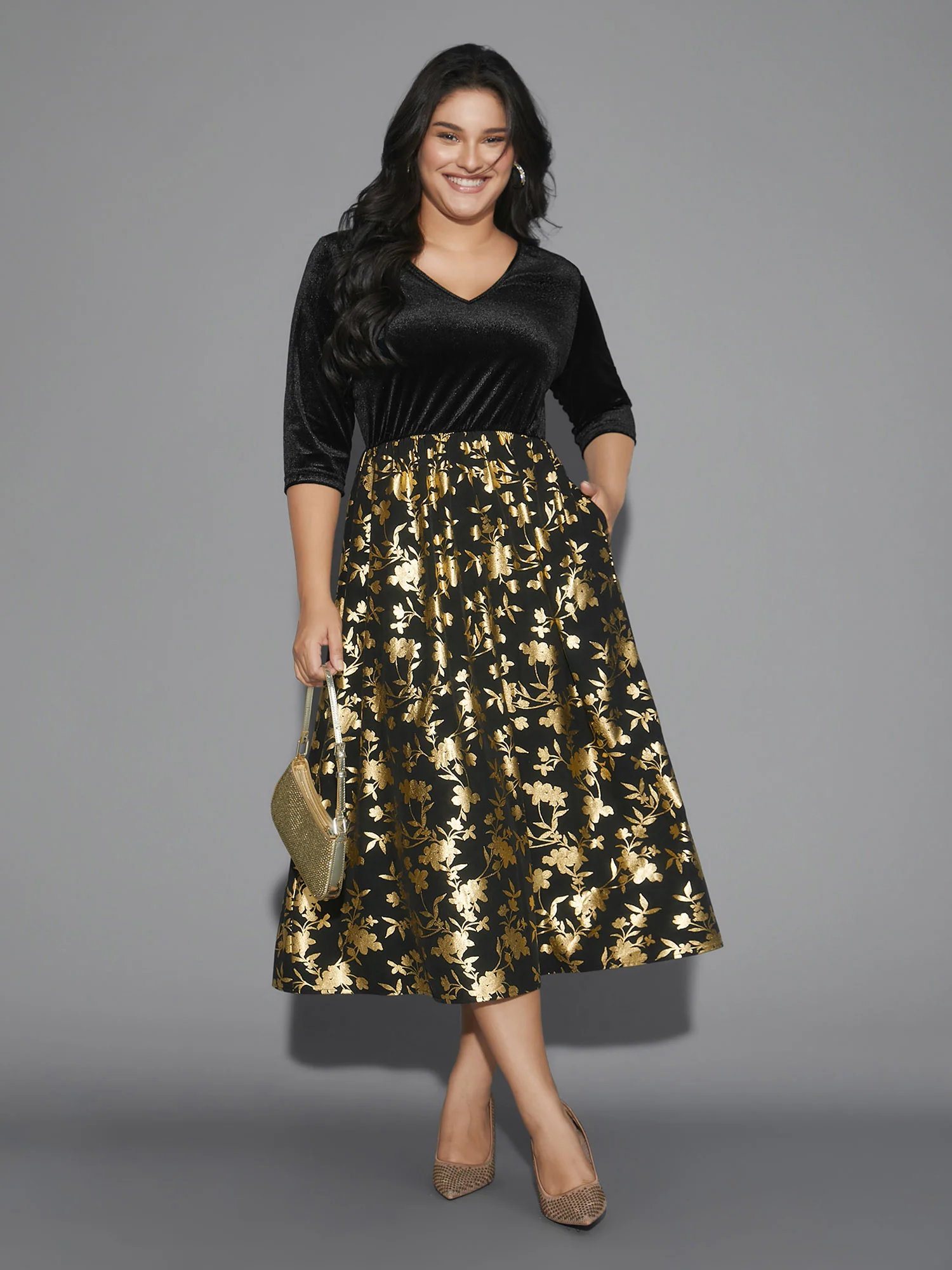 Glitter Floral Patchwork Velvet Midi Dress - Image 3