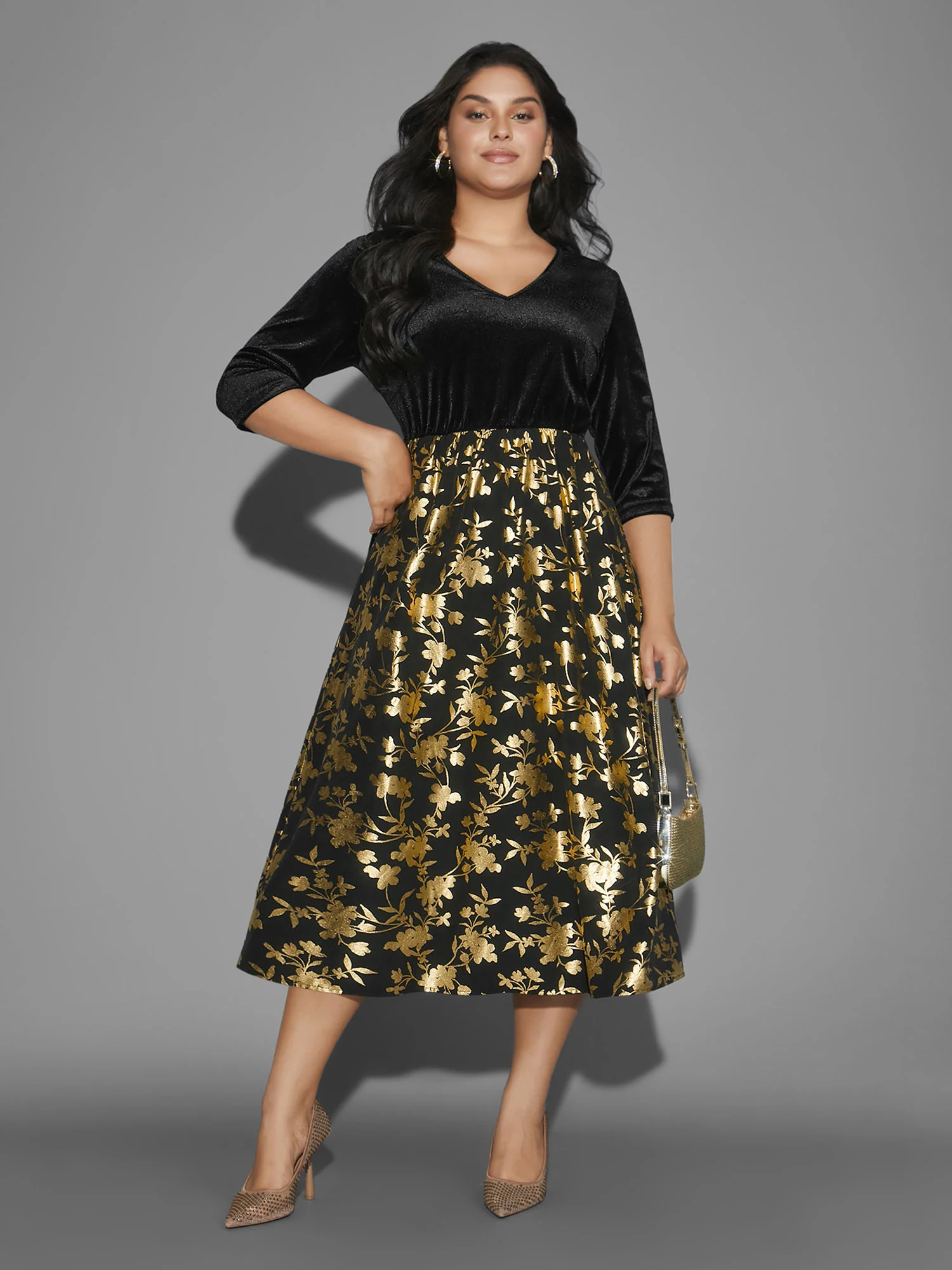 Glitter Floral Patchwork Velvet Midi Dress - Image 4