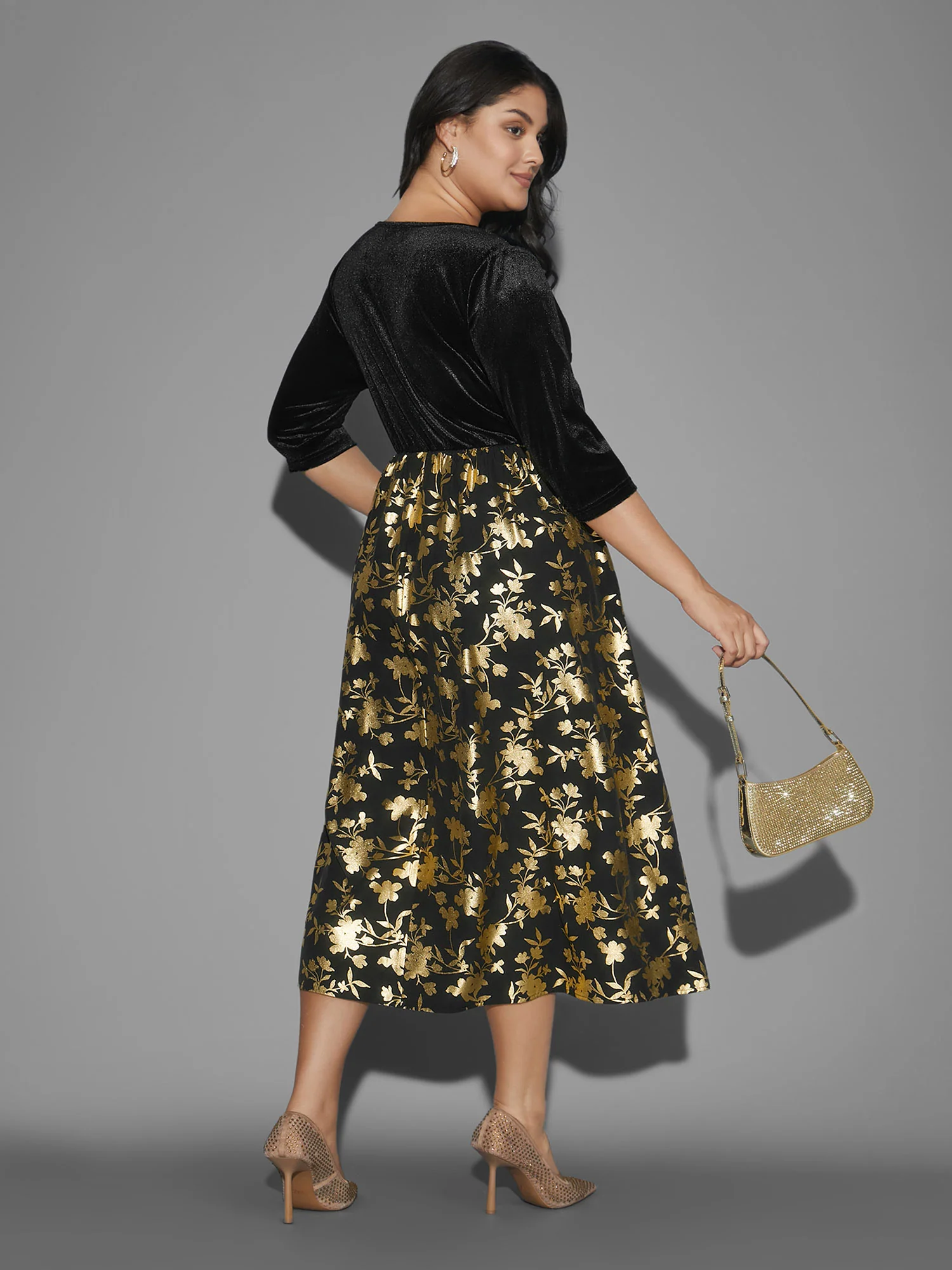 Glitter Floral Patchwork Velvet Midi Dress - Image 5