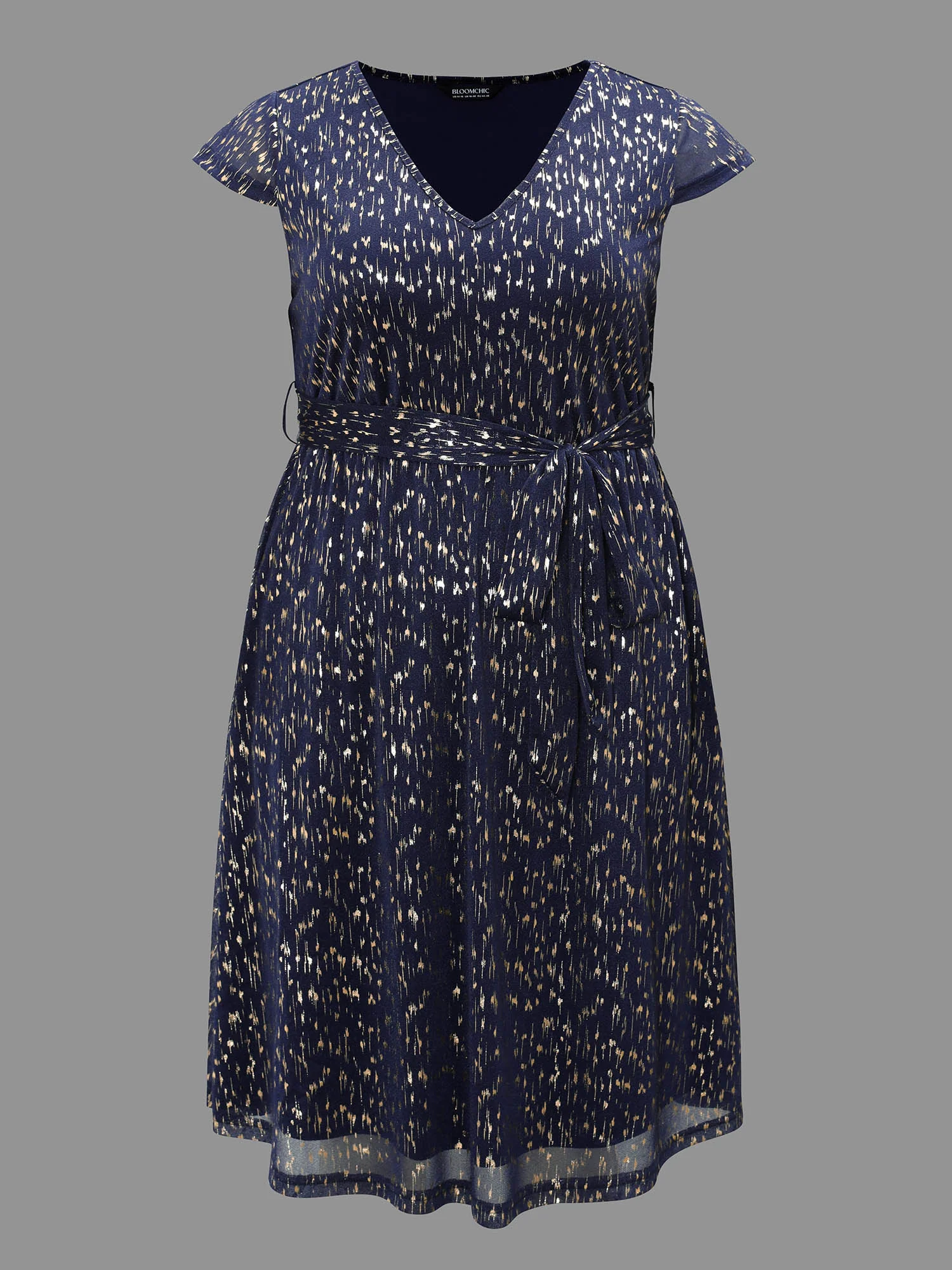 Glitter Geometric Cap Sleeve Belted Dress - Image 11