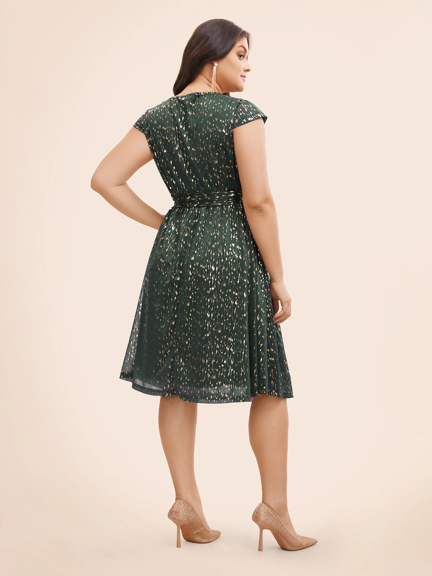 Glitter Geometric Cap Sleeve Belted Dress - Image 3