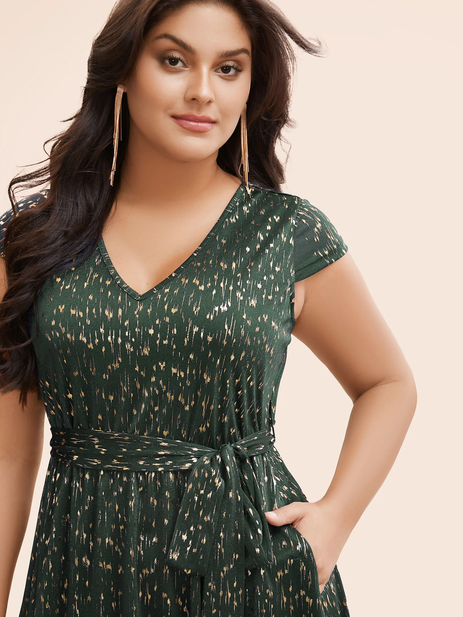 Glitter Geometric Cap Sleeve Belted Dress - Image 4