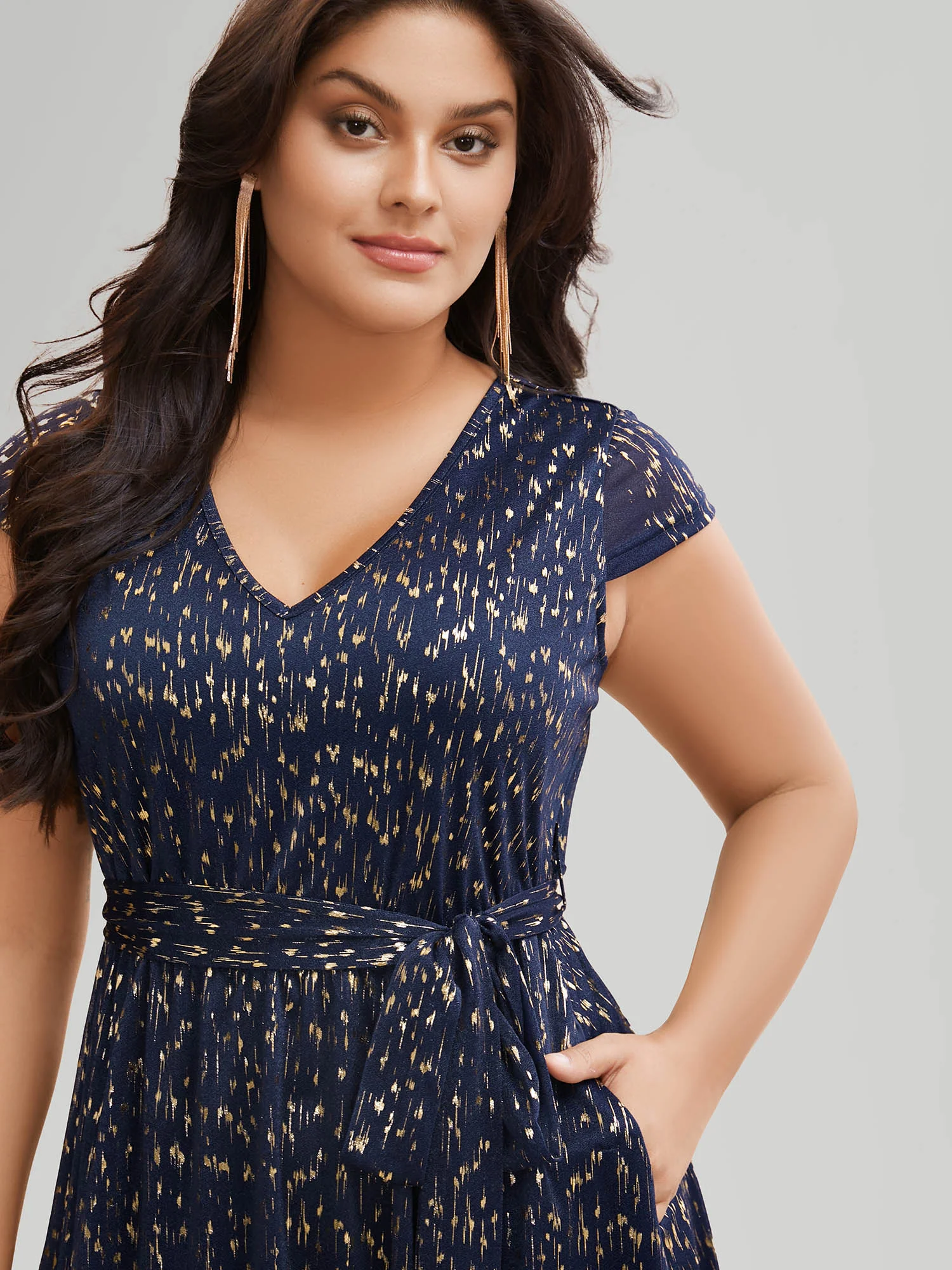 Glitter Geometric Cap Sleeve Belted Dress - Image 6