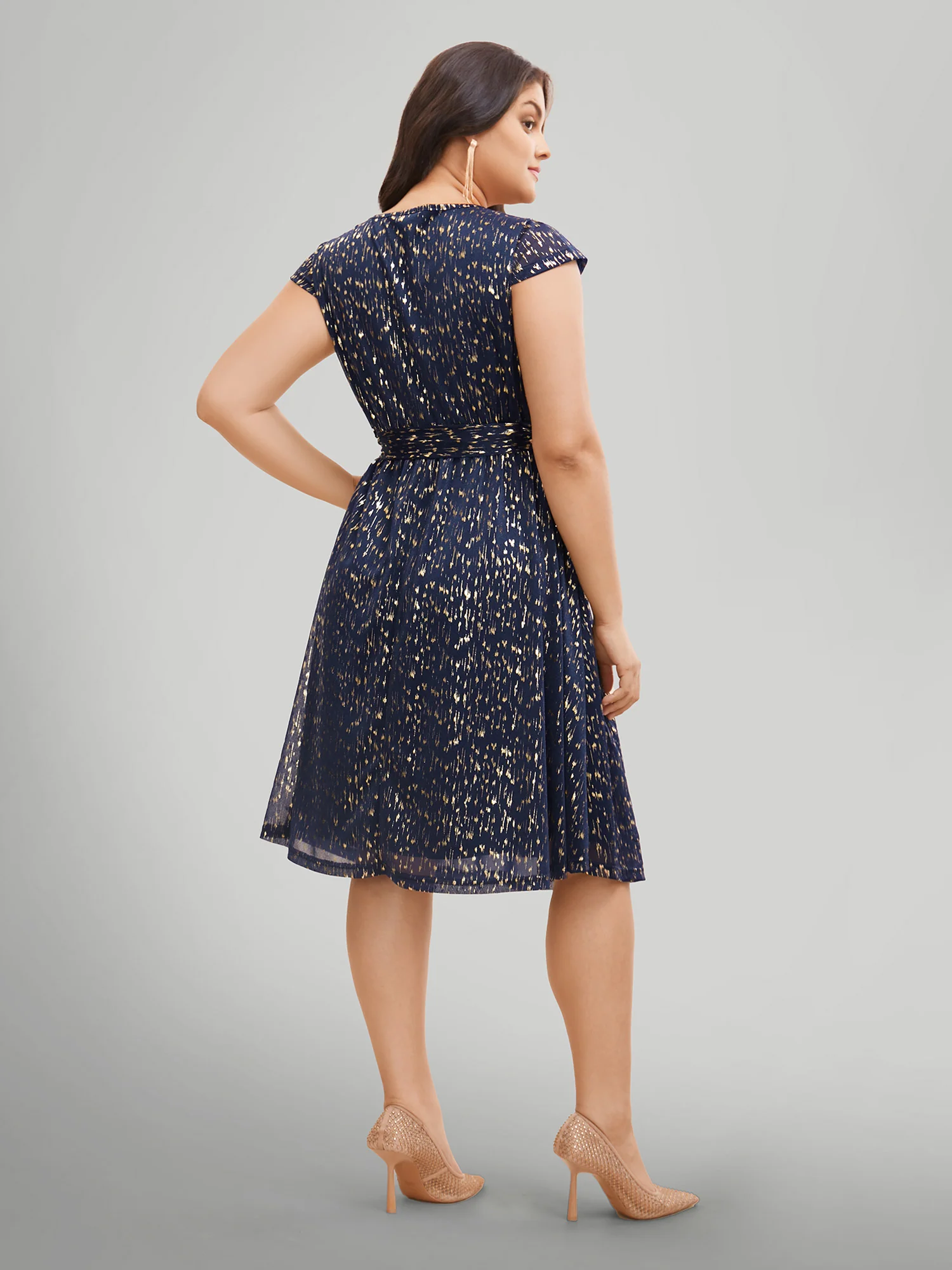 Glitter Geometric Cap Sleeve Belted Dress - Image 8