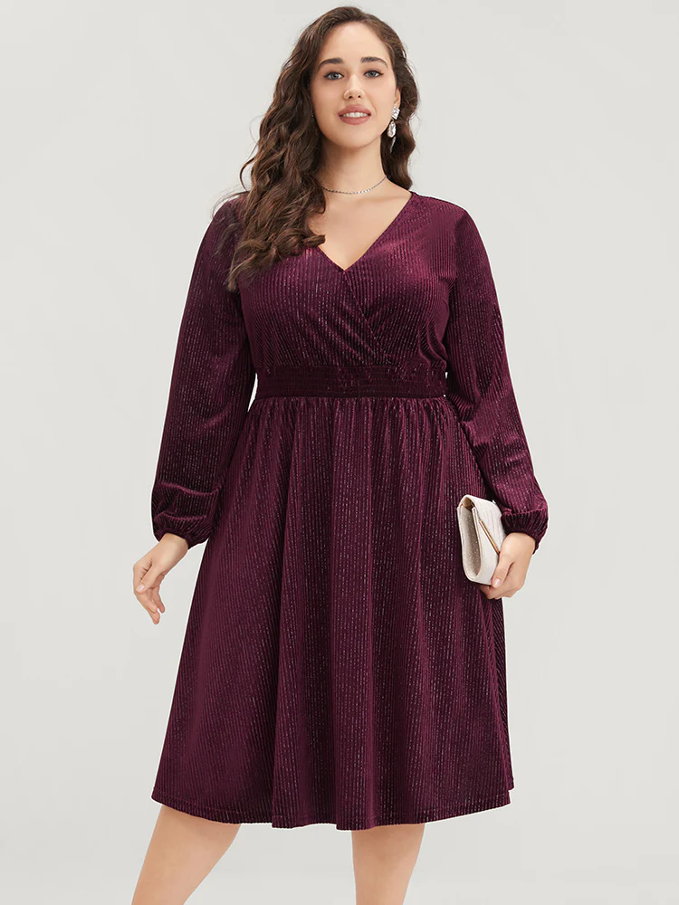 Glitter Lantern Sleeve Surplice Neck Shirred Dress - Image 10
