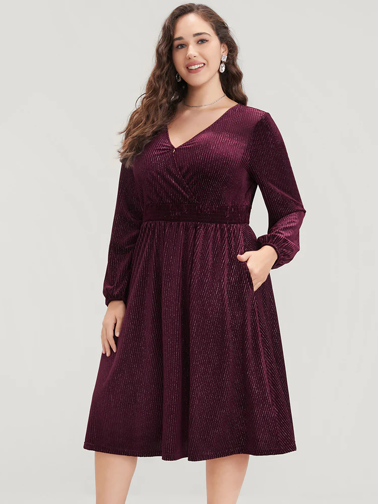 Glitter Lantern Sleeve Surplice Neck Shirred Dress - Image 11