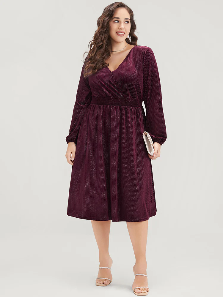 Glitter Lantern Sleeve Surplice Neck Shirred Dress - Image 12