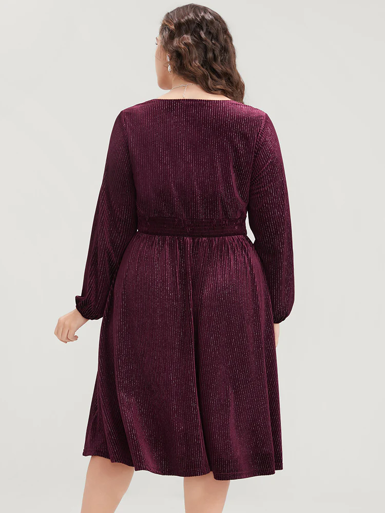 Glitter Lantern Sleeve Surplice Neck Shirred Dress - Image 13