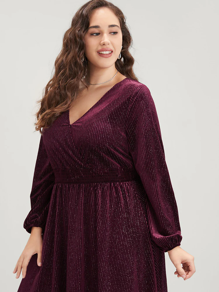 Glitter Lantern Sleeve Surplice Neck Shirred Dress - Image 16