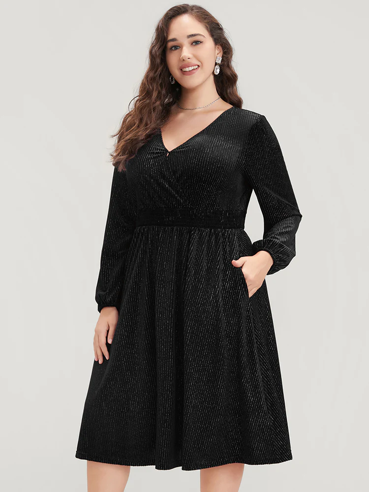 Glitter Lantern Sleeve Surplice Neck Shirred Dress - Image 2
