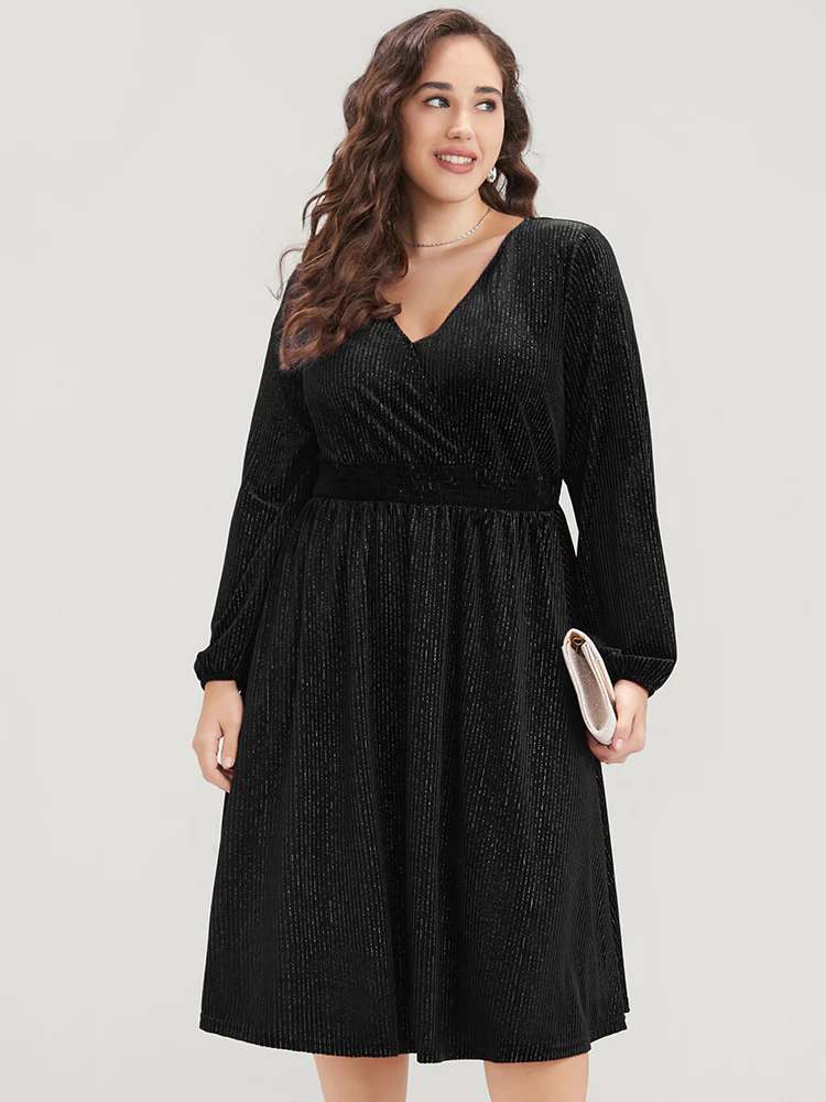 Glitter Lantern Sleeve Surplice Neck Shirred Dress - Image 3