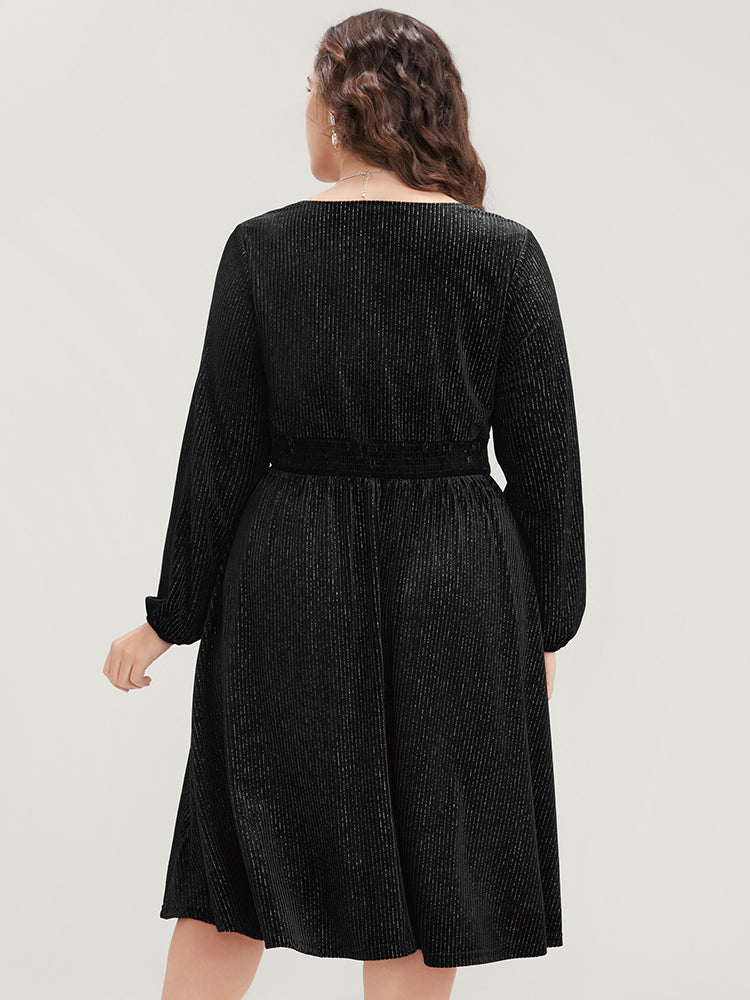 Glitter Lantern Sleeve Surplice Neck Shirred Dress - Image 4