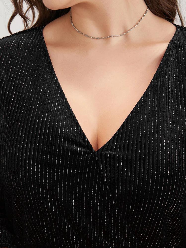 Glitter Lantern Sleeve Surplice Neck Shirred Dress - Image 6