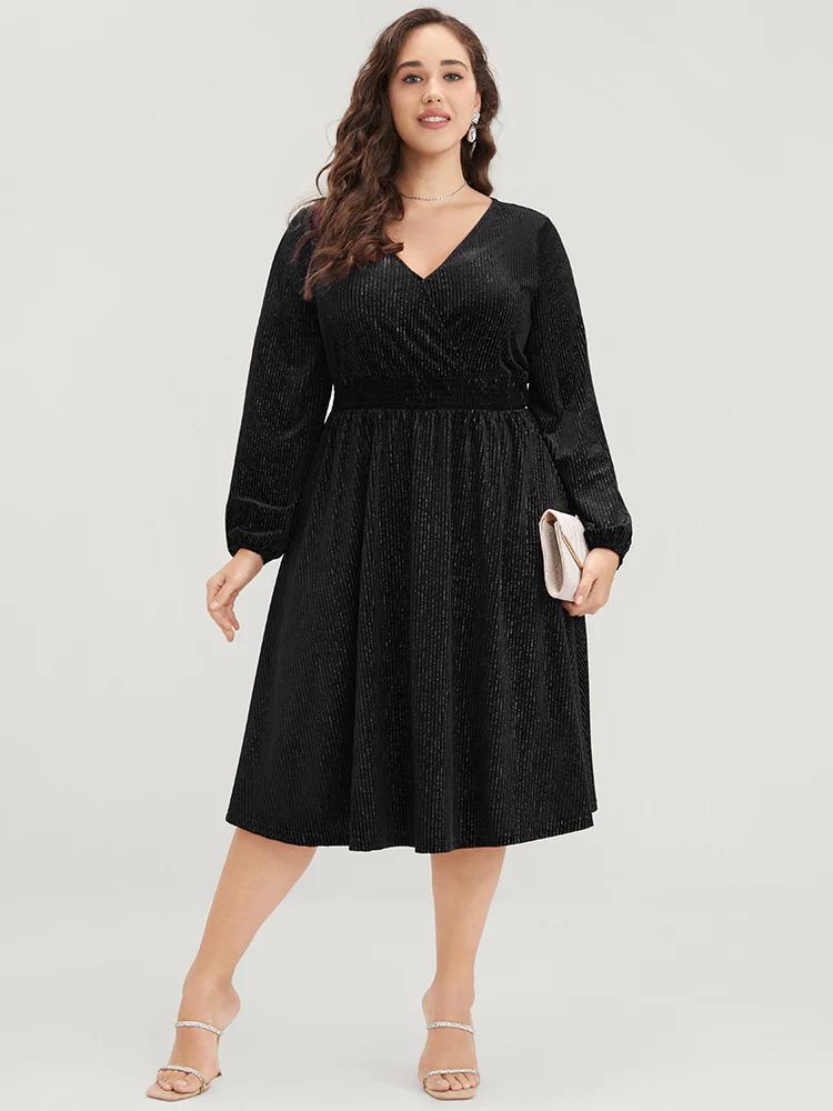 Glitter Lantern Sleeve Surplice Neck Shirred Dress - Image 7