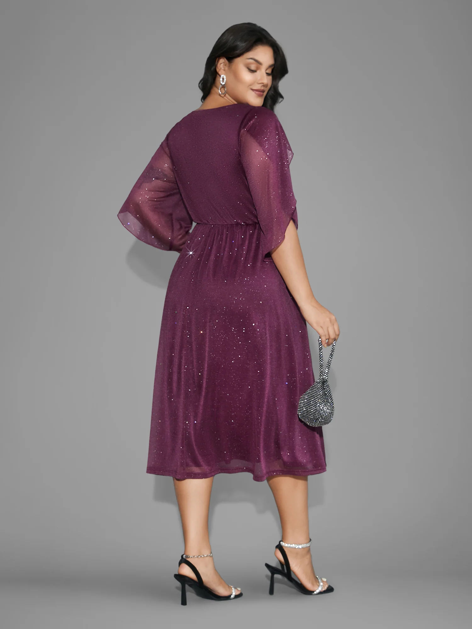 Glitter Mesh Petal Sleeve Midi Dress - Image 10