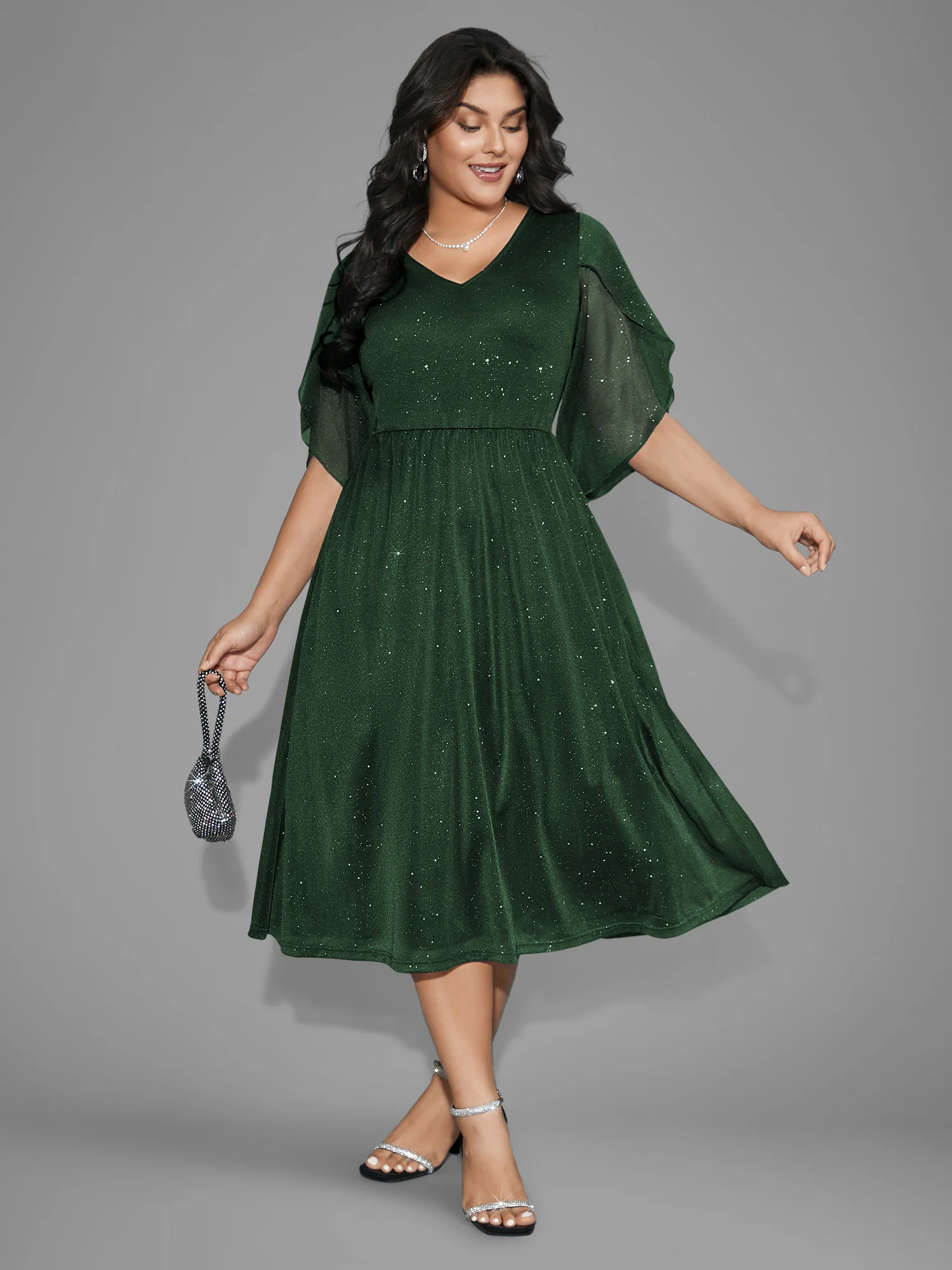 Glitter Mesh Petal Sleeve Midi Dress - Image 14