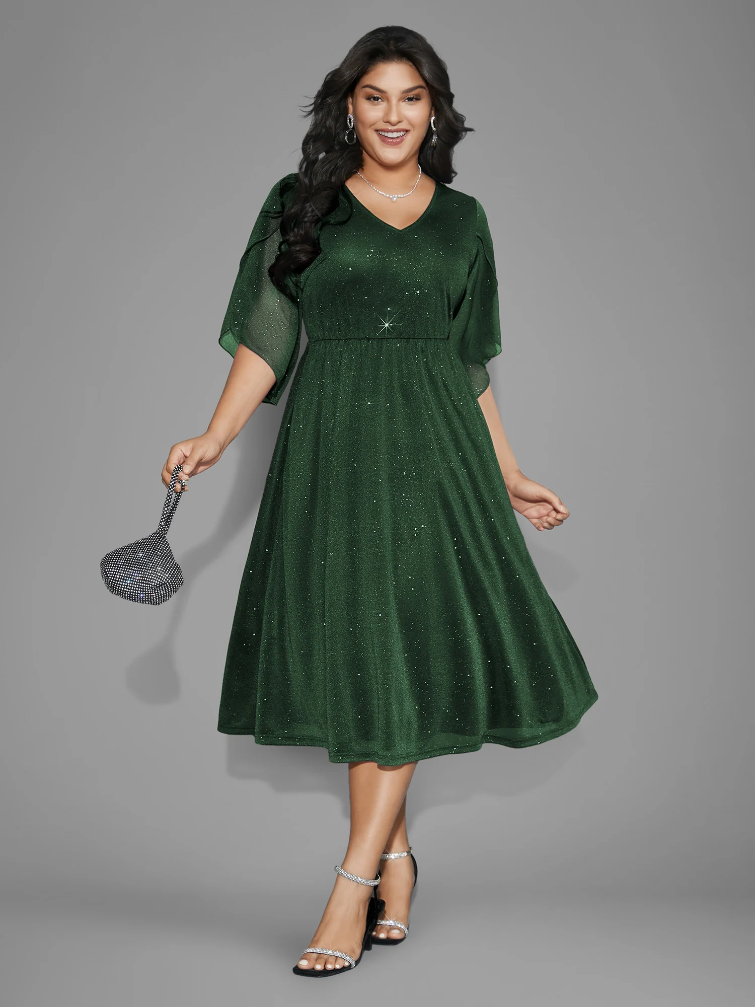 Glitter Mesh Petal Sleeve Midi Dress - Image 16