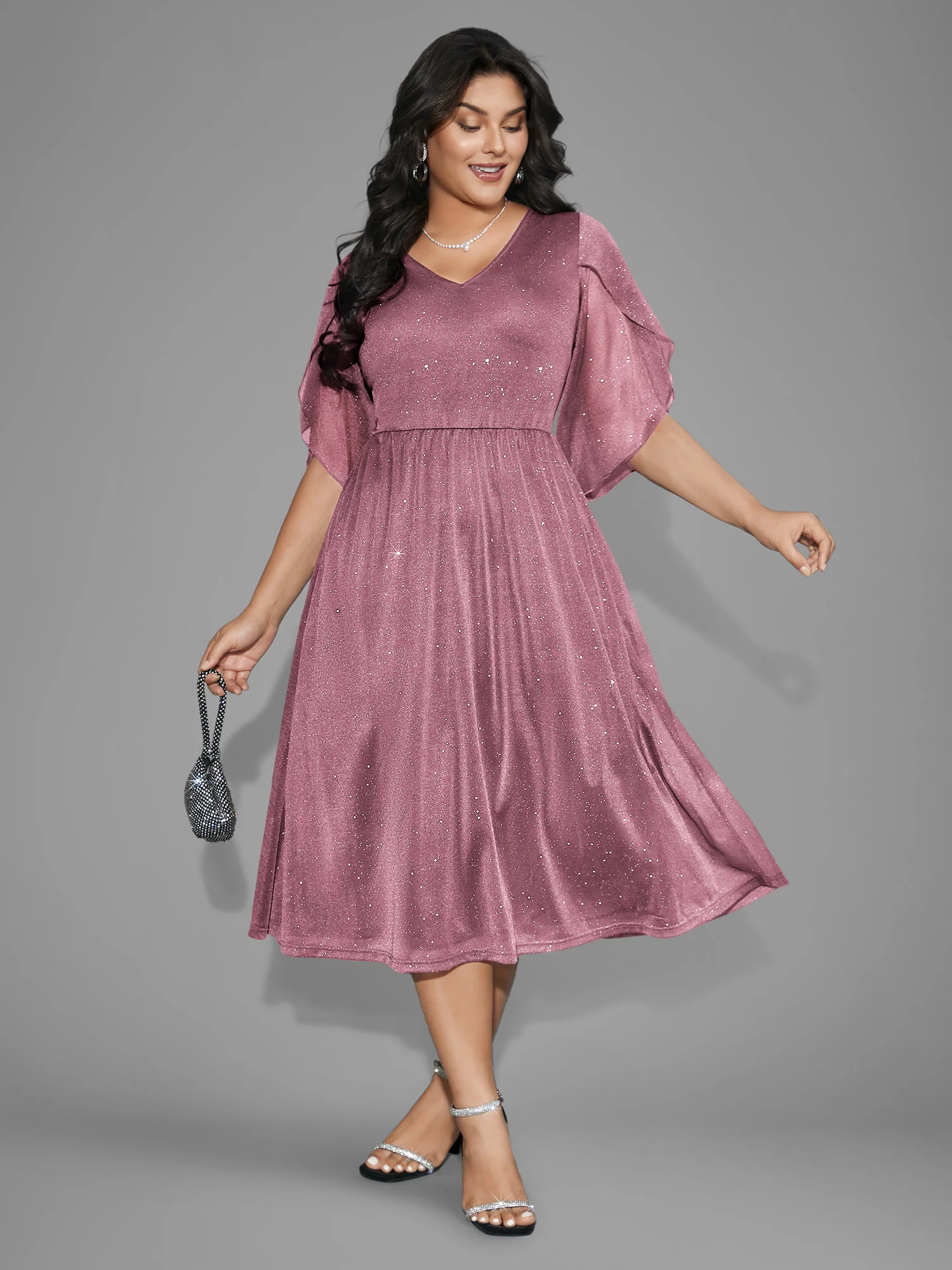 Glitter Mesh Petal Sleeve Midi Dress - Image 18