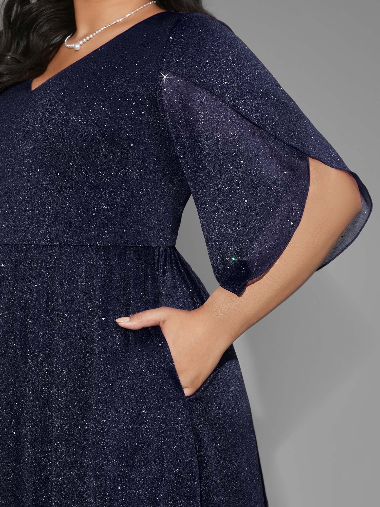 Glitter Mesh Petal Sleeve Midi Dress - Image 4