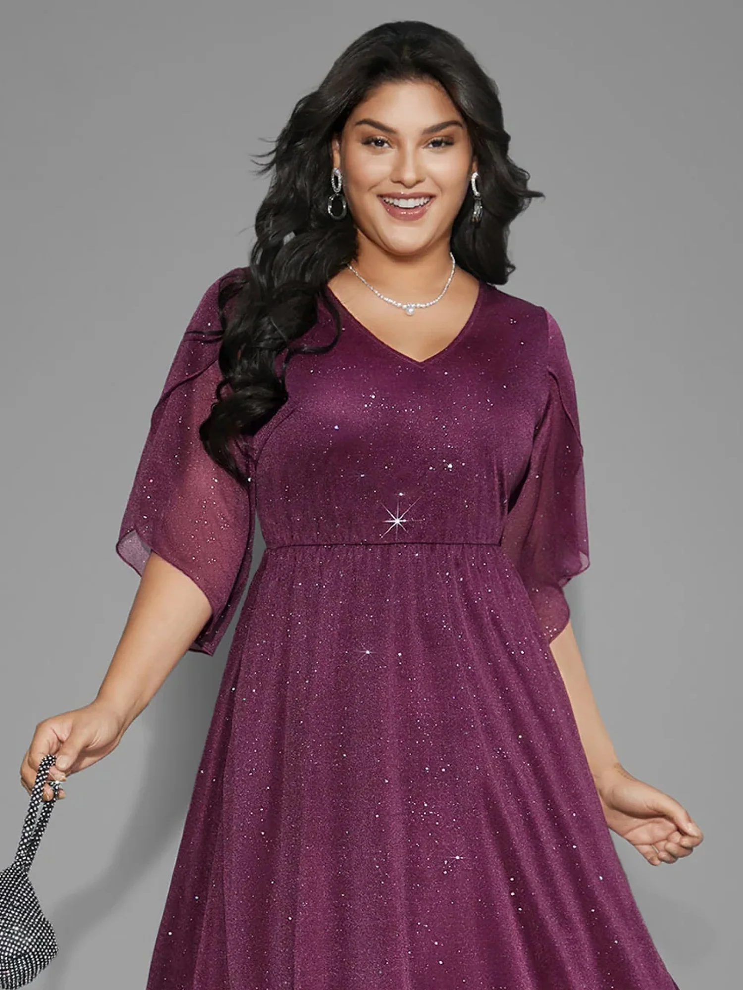 Glitter Mesh Petal Sleeve Midi Dress - Image 6