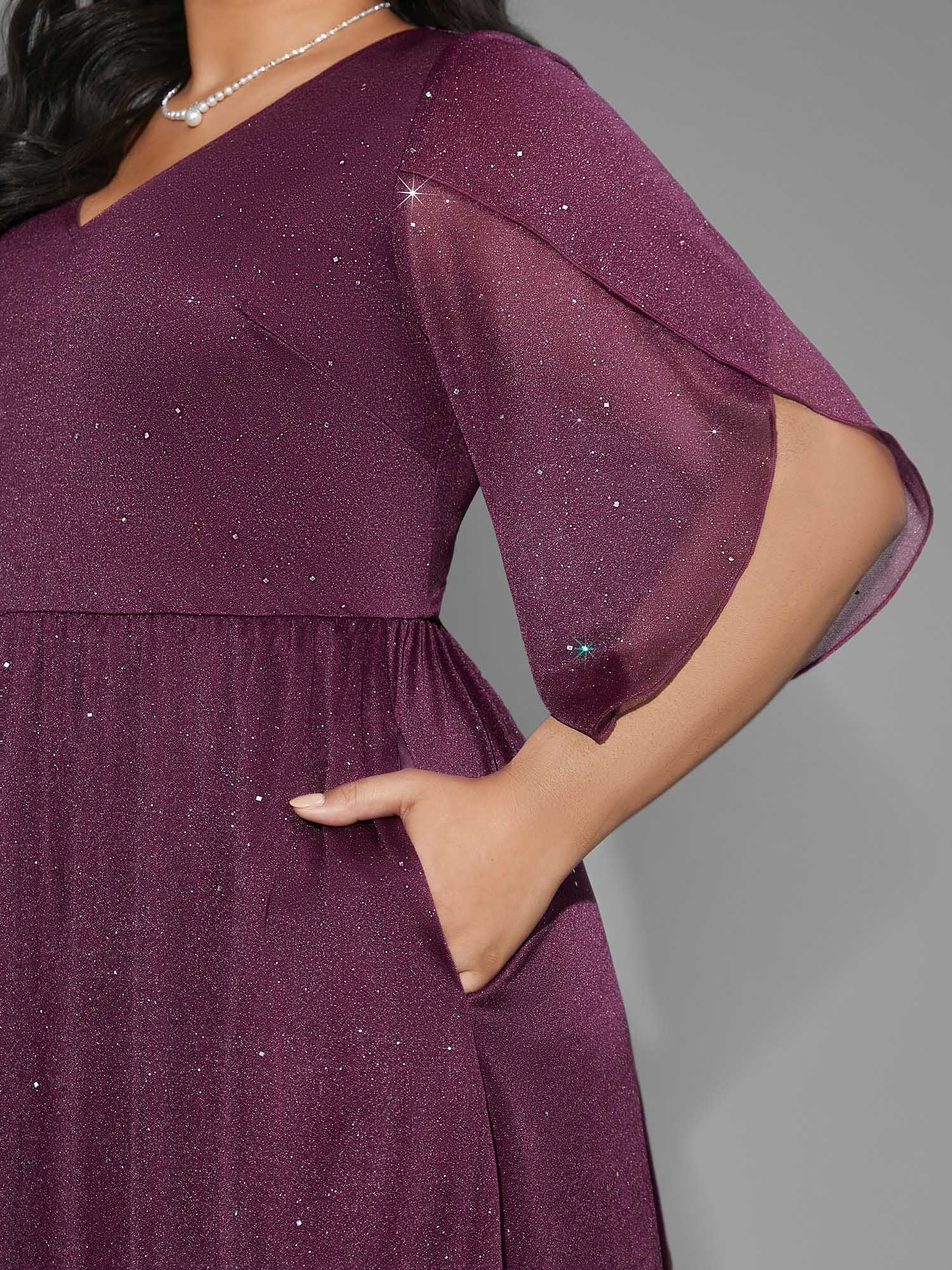 Glitter Mesh Petal Sleeve Midi Dress - Image 8