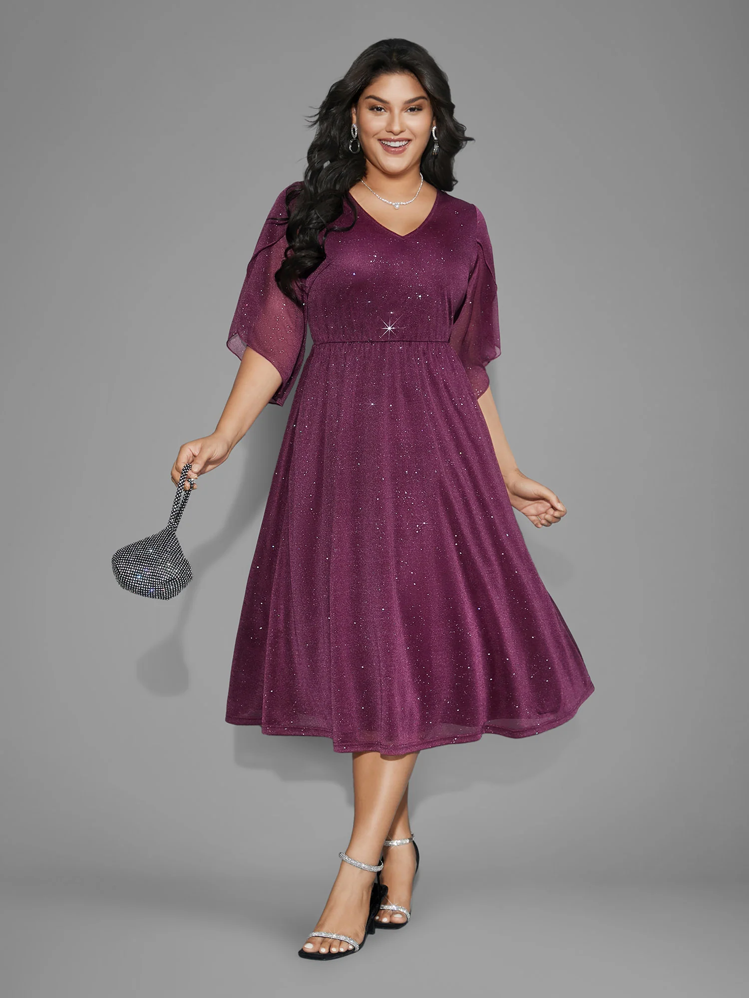Glitter Mesh Petal Sleeve Midi Dress - Image 9