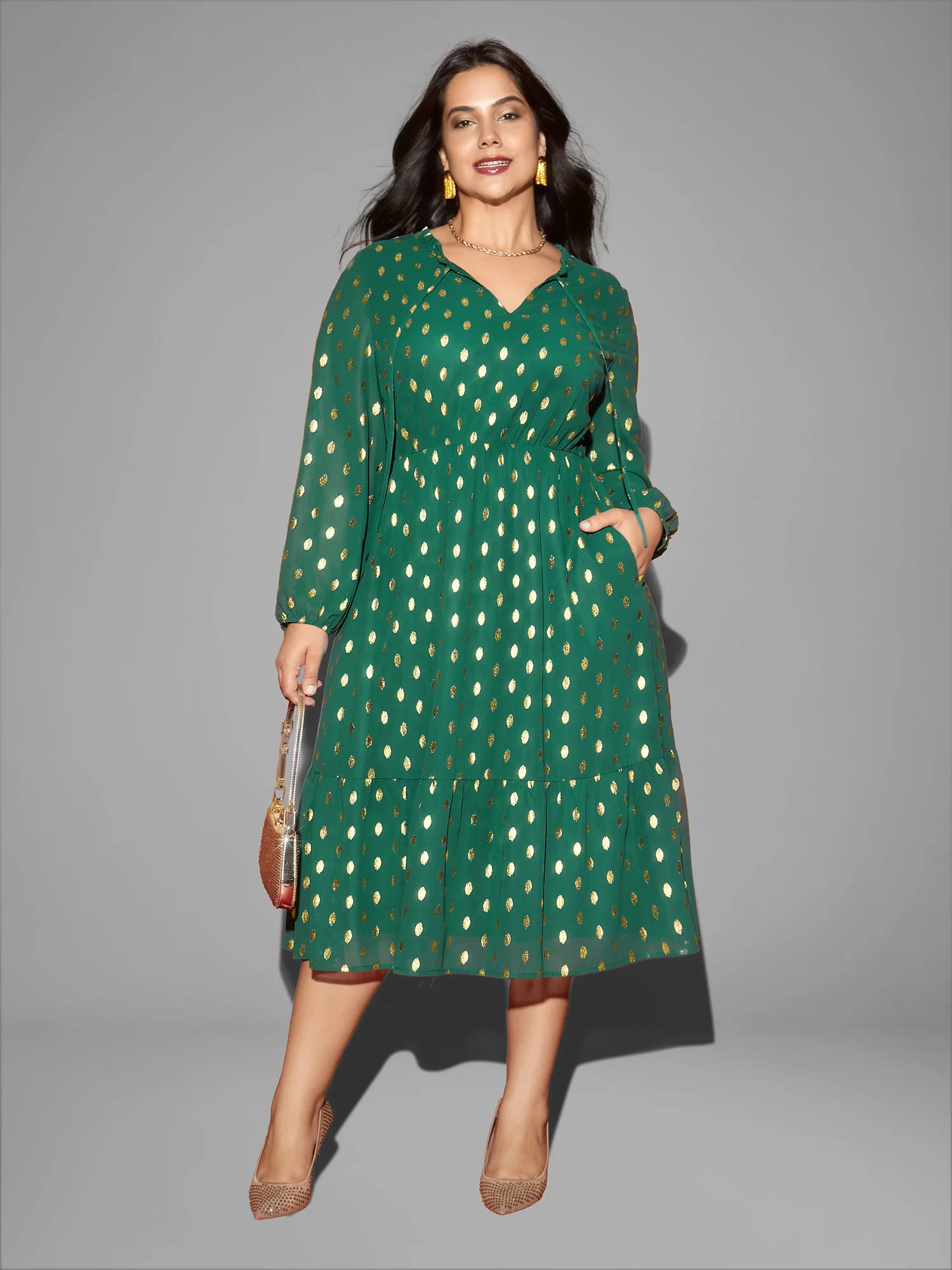 Glitter Notched Collar Tiered Hem Midi Dress - Image 3
