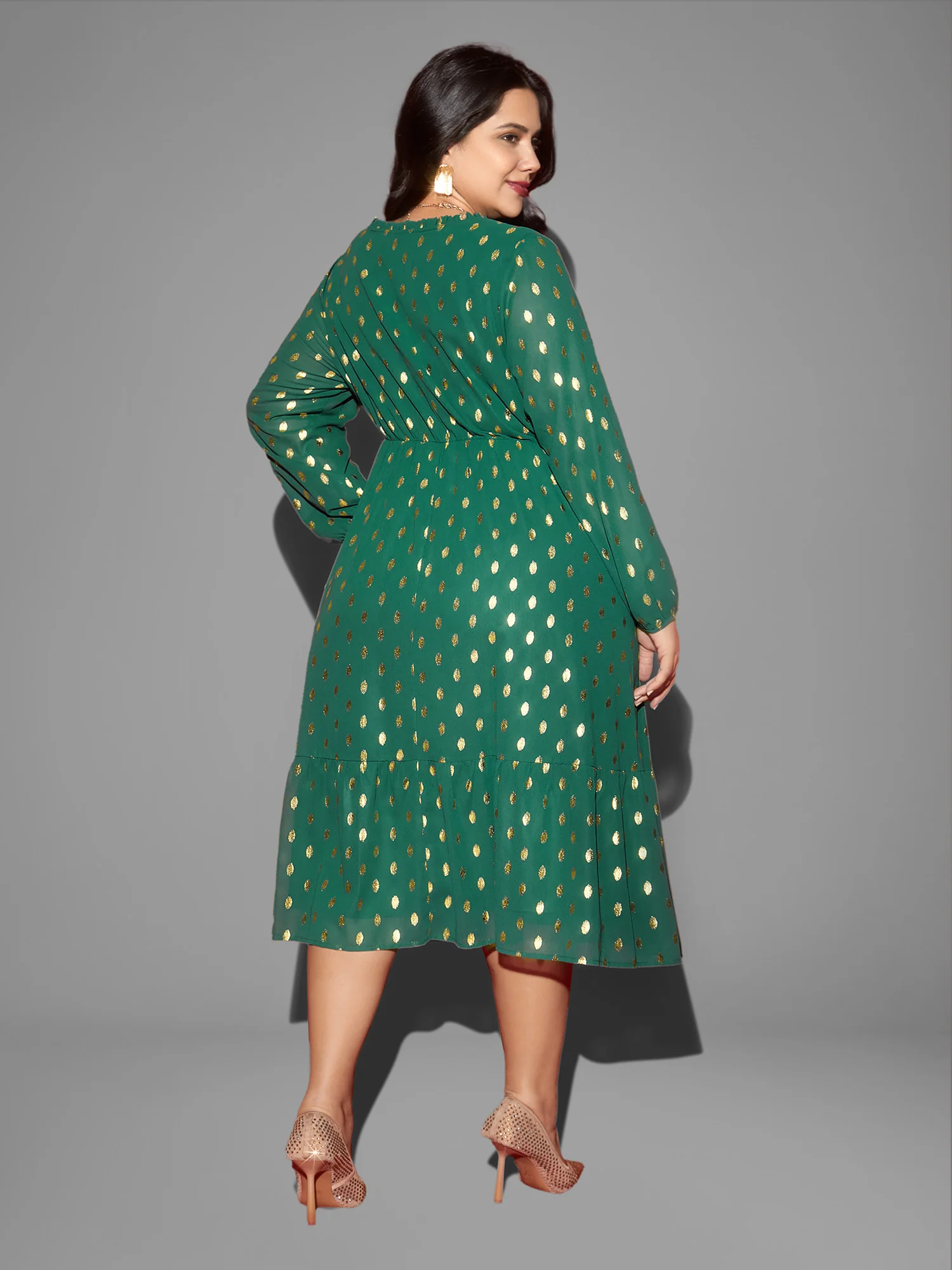 Glitter Notched Collar Tiered Hem Midi Dress - Image 4