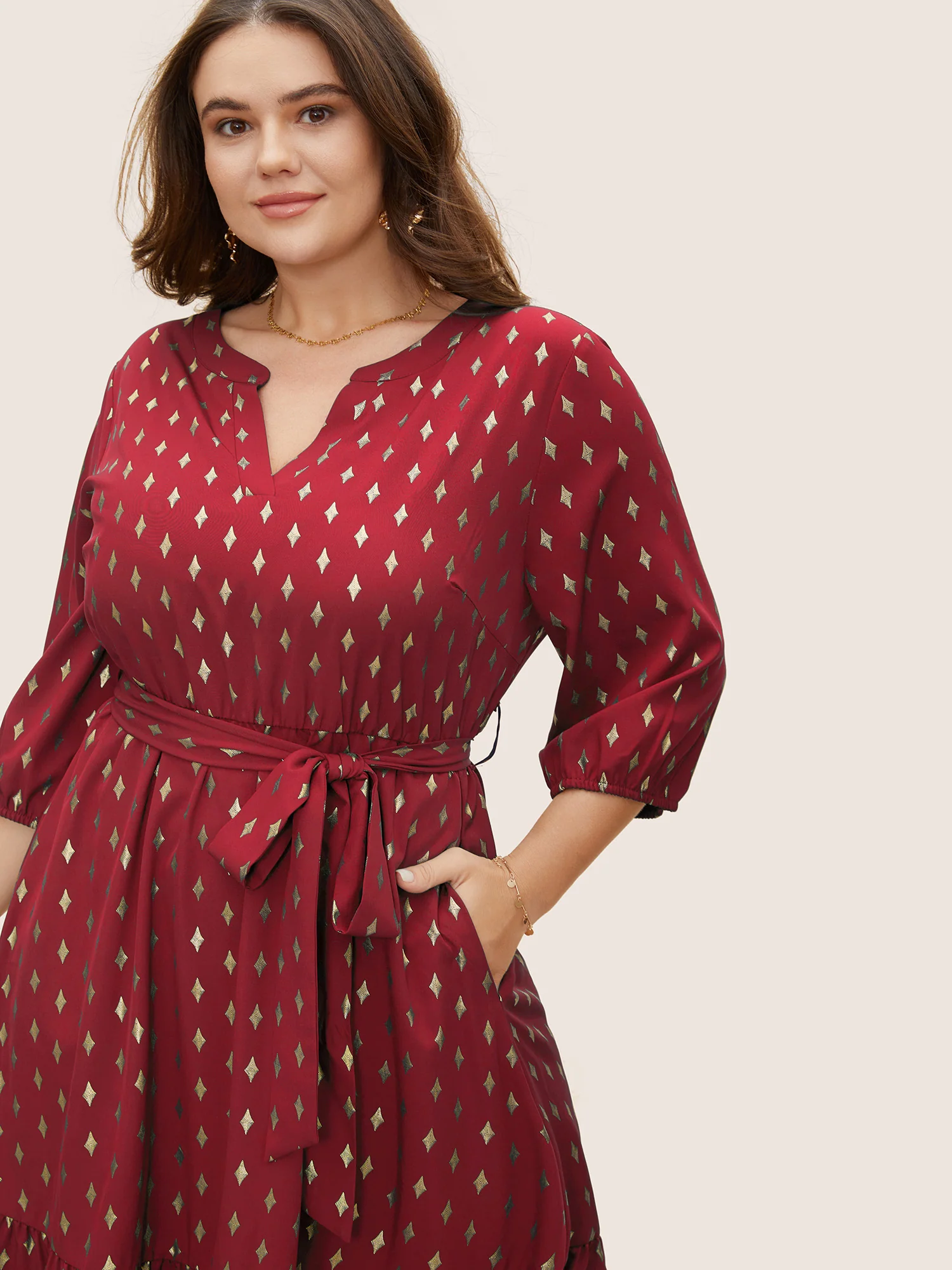 Glitter Notched Lantern Sleeve Midi Dress - Image 10