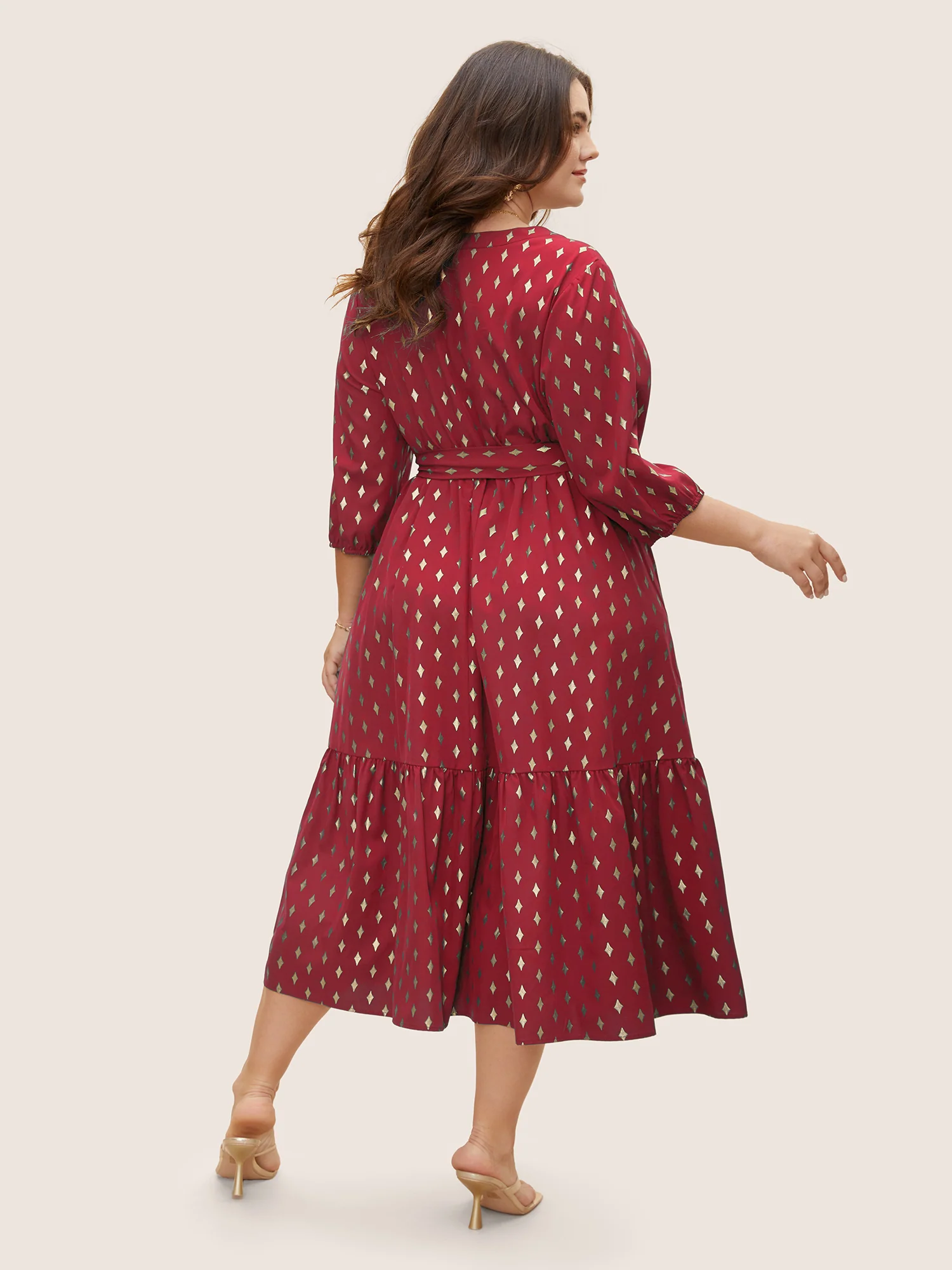 Glitter Notched Lantern Sleeve Midi Dress - Image 11