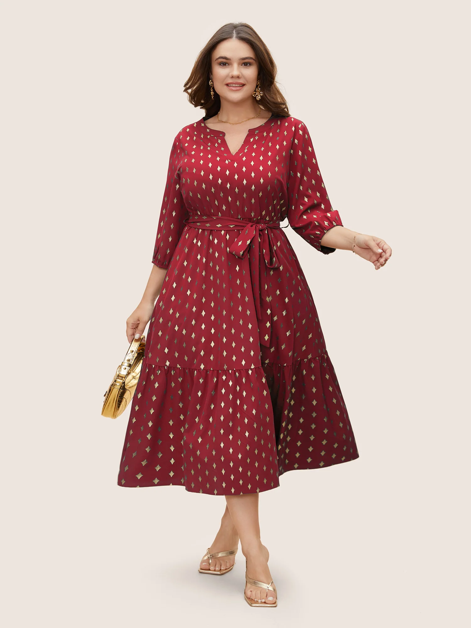Glitter Notched Lantern Sleeve Midi Dress - Image 8