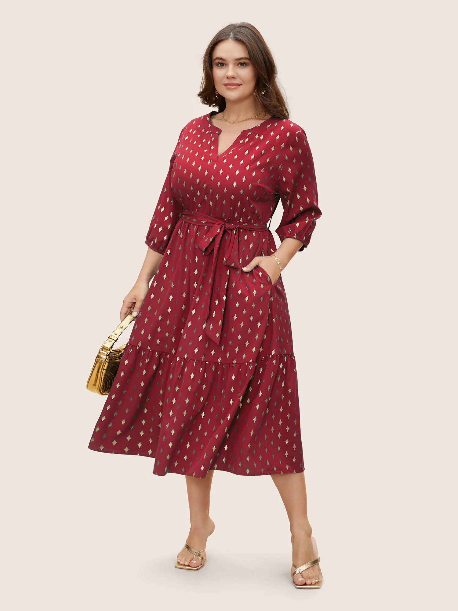 Glitter Notched Lantern Sleeve Midi Dress - Image 9