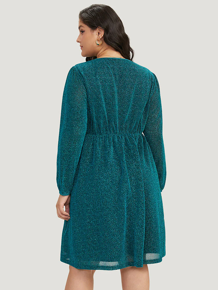 Glitter Overlap Collar Pocket Ruched Dress - Image 3