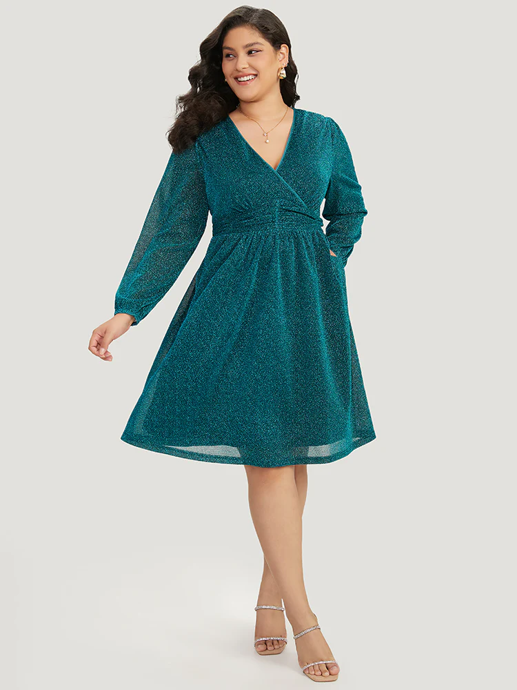 Glitter Overlap Collar Pocket Ruched Dress - Image 4