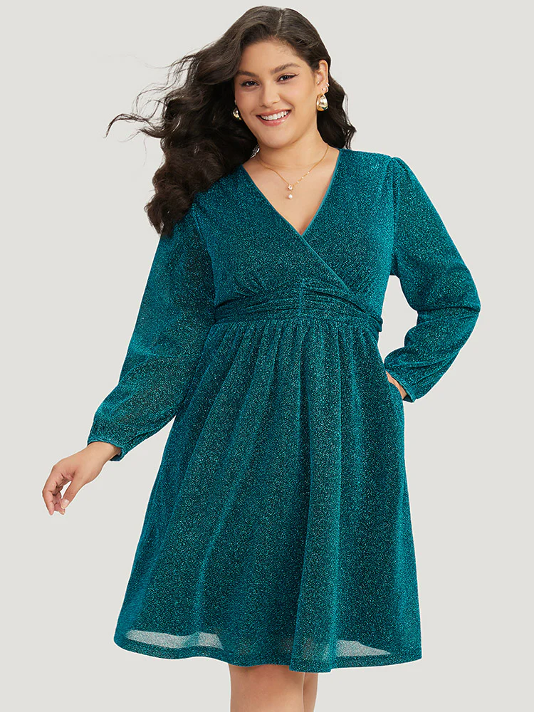 Glitter Overlap Collar Pocket Ruched Dress - Image 5