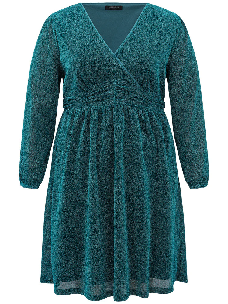 Glitter Overlap Collar Pocket Ruched Dress - Image 9