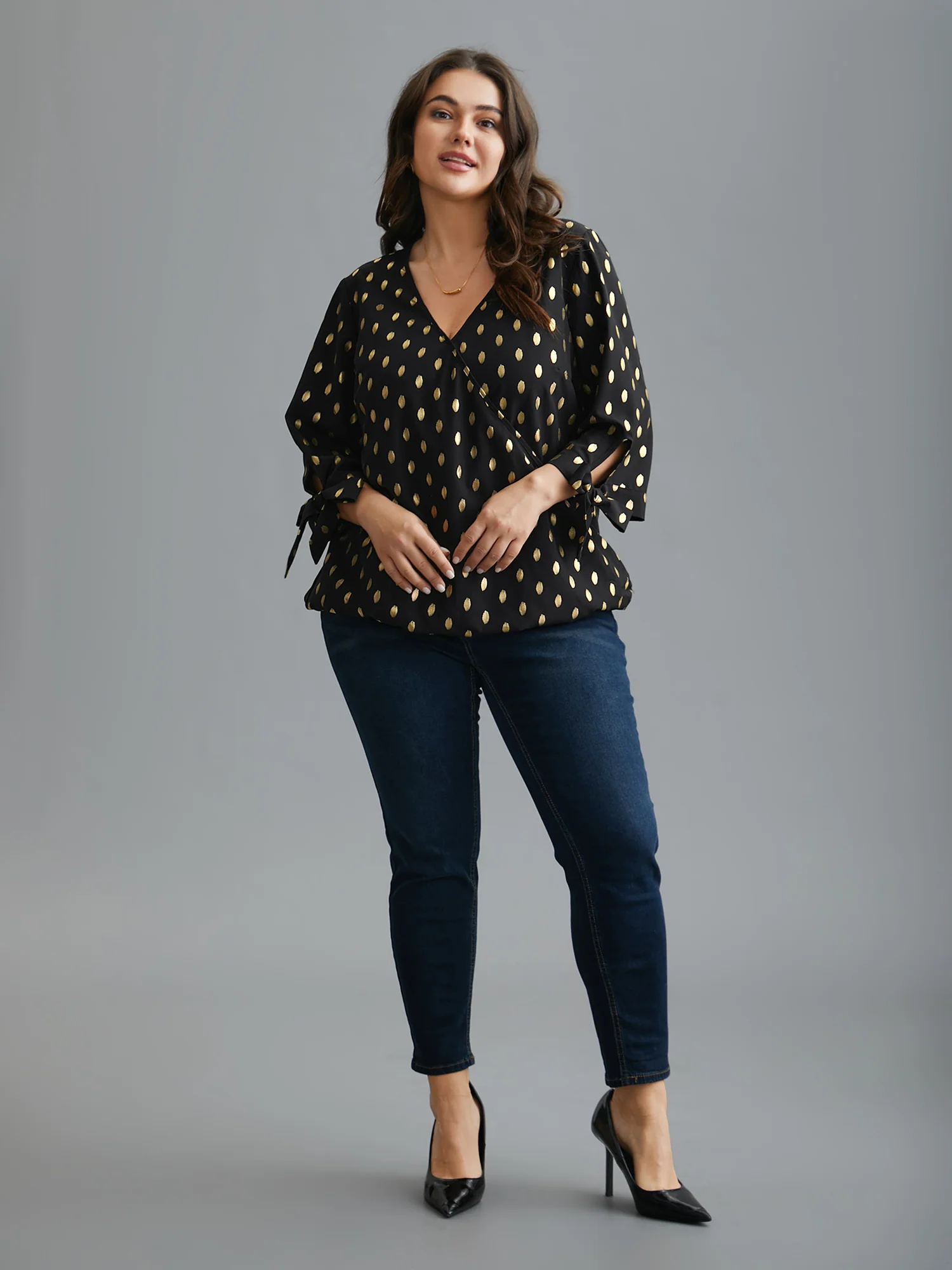 Glitter Overlap Collar Tie Knot Blouse - Image 2