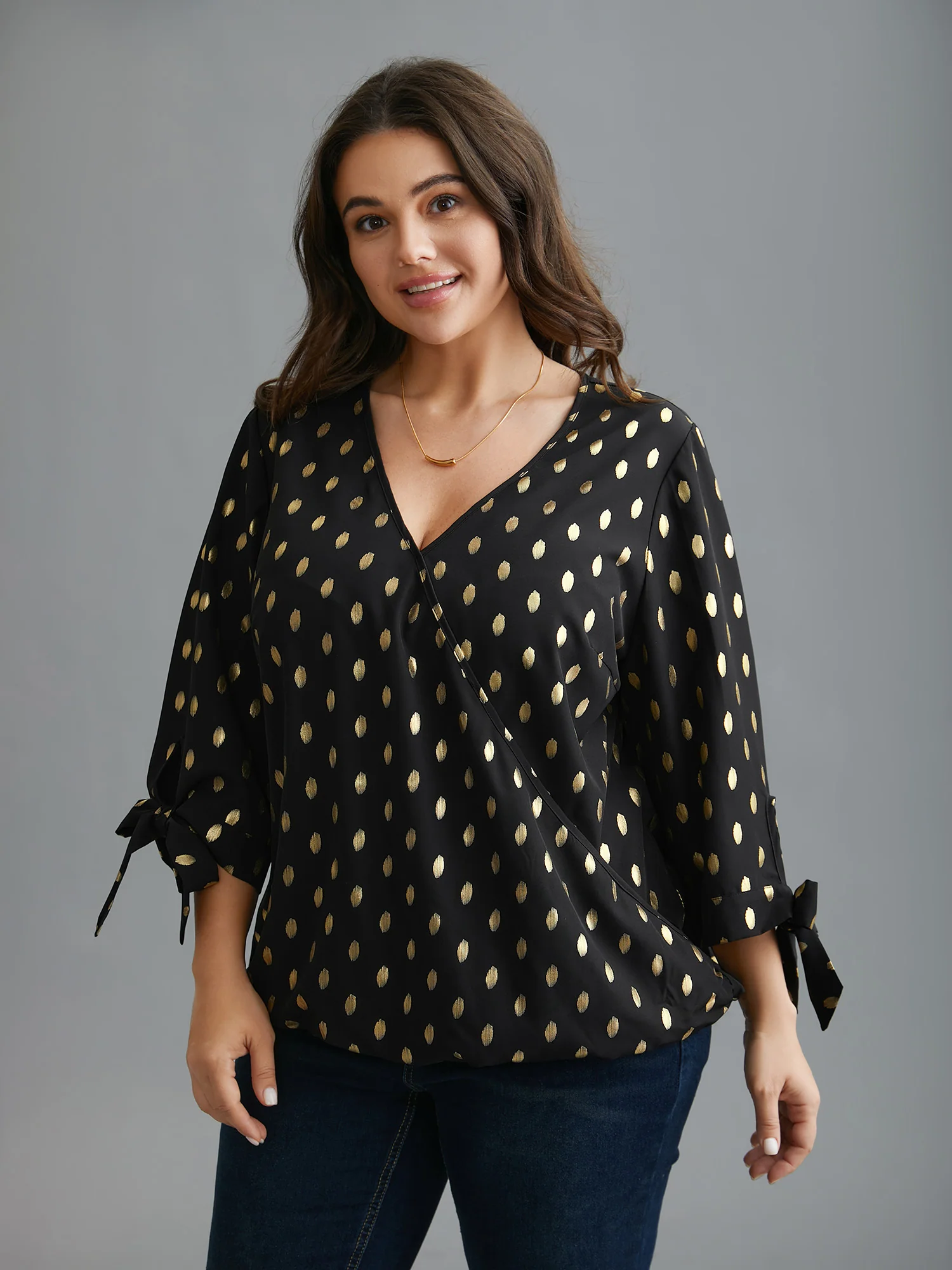 Glitter Overlap Collar Tie Knot Blouse - Image 3