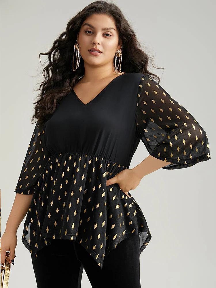 Glitter Patchwork Mesh Hanky Hem Blouse